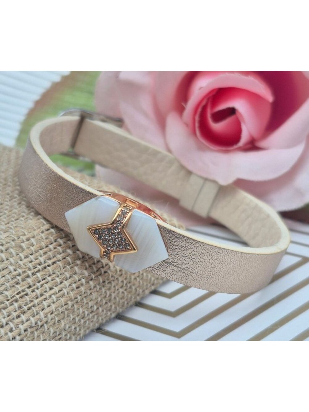 Keep Collective Rose Gold & Cream Leather Bracelet with Paved Center Charm